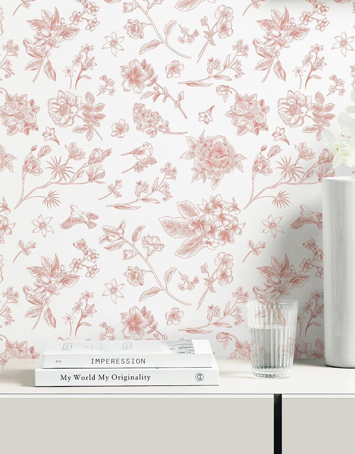 Safiyya 393"x17.3" Pink Peel and Stick Wallpaper Floral Birds Contact Paper Modern Boho Wall Paper Removable Wallpaper Vinyl Rolls