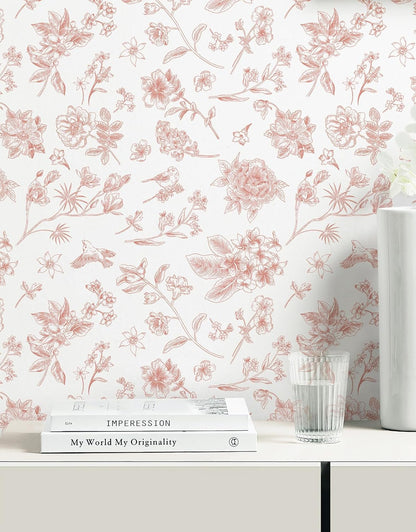 Safiyya 393"x17.3" Pink Peel and Stick Wallpaper Floral Birds Contact Paper Modern Boho Wall Paper Removable Wallpaper Vinyl Rolls
