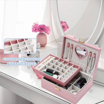Dajasan Jewelry Box for Teen Girls Women, 2 Layers Jewelry Organizer with Mirror, Removable Jewelry Tray, Jewelry Storage Case, Gift Idea for Teenagers, Striped Velvet (Pink)