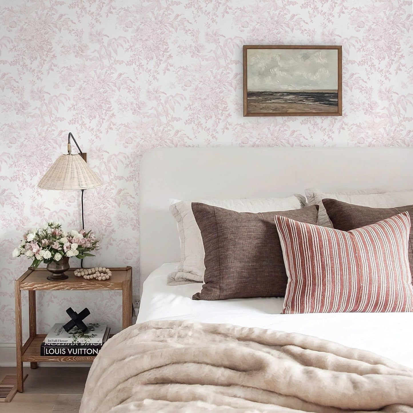 Heroad Pink Peel and Stick Wallpaper Toile Floral Contact Paper Boho Leaf Removable Wall Paper Self Adhesive Stick On Wallpaper for Girls Bedroom Bathroom Renter Friendly Vinyl Roll 17.3''X78.7''