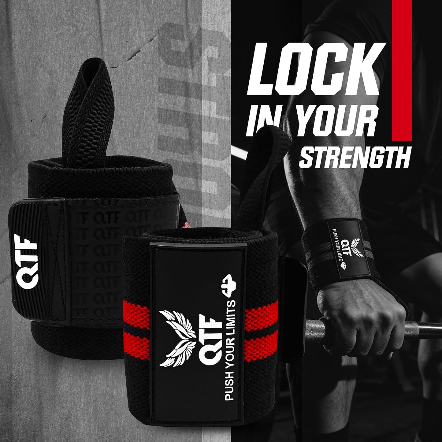 QTF Wrist Wraps for Weightlifting,Powerlifting,12"Heavy-Duty Wrist Support with Thumb Loop. Perfect for Strength Training, Bodybuilding, Dumbbell Lifting, and Wrist support. Includes a free Shark Pad