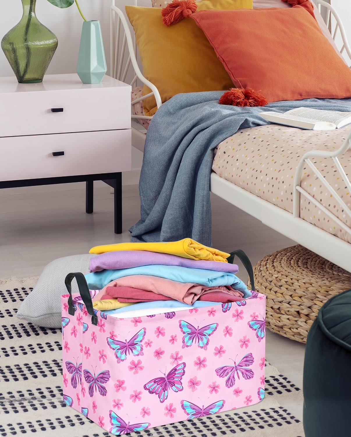 Pink Butterfly Storage Basket Gift Laundry Bins Collapsible Storage Baskets Box Laundry Nursery Hamper for Home and Office Decoration with Handles