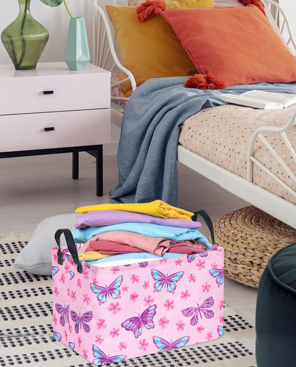 Pink Butterfly Storage Basket Gift Laundry Bins Collapsible Storage Baskets Box Laundry Nursery Hamper for Home and Office Decoration with Handles