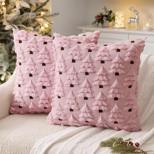 MIULEE Christmas Tree Decorative Pillow Covers Faux Fur Wool Throw Pillows Soft Plush Cushion Covers Set of 2 Xmas Home Decor Winter Holiday for Sofa Couch Livingroom Bed 18x18 Inch Pink