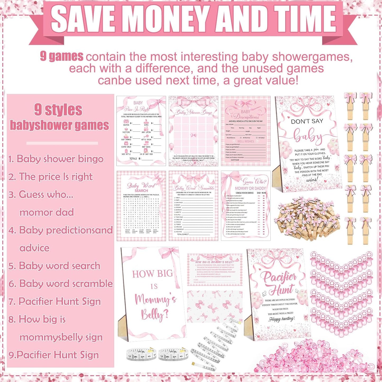 Sherr 476 Pink Bow Coquette Baby Shower Games 6 Sets Activities Card Pacifier Hunt Game 50 Pacifier How Big Is Mommy's Belly Sign 50 Guessing Card 2 Measuring Tape Don't Say Baby Sign 50 Clothespin