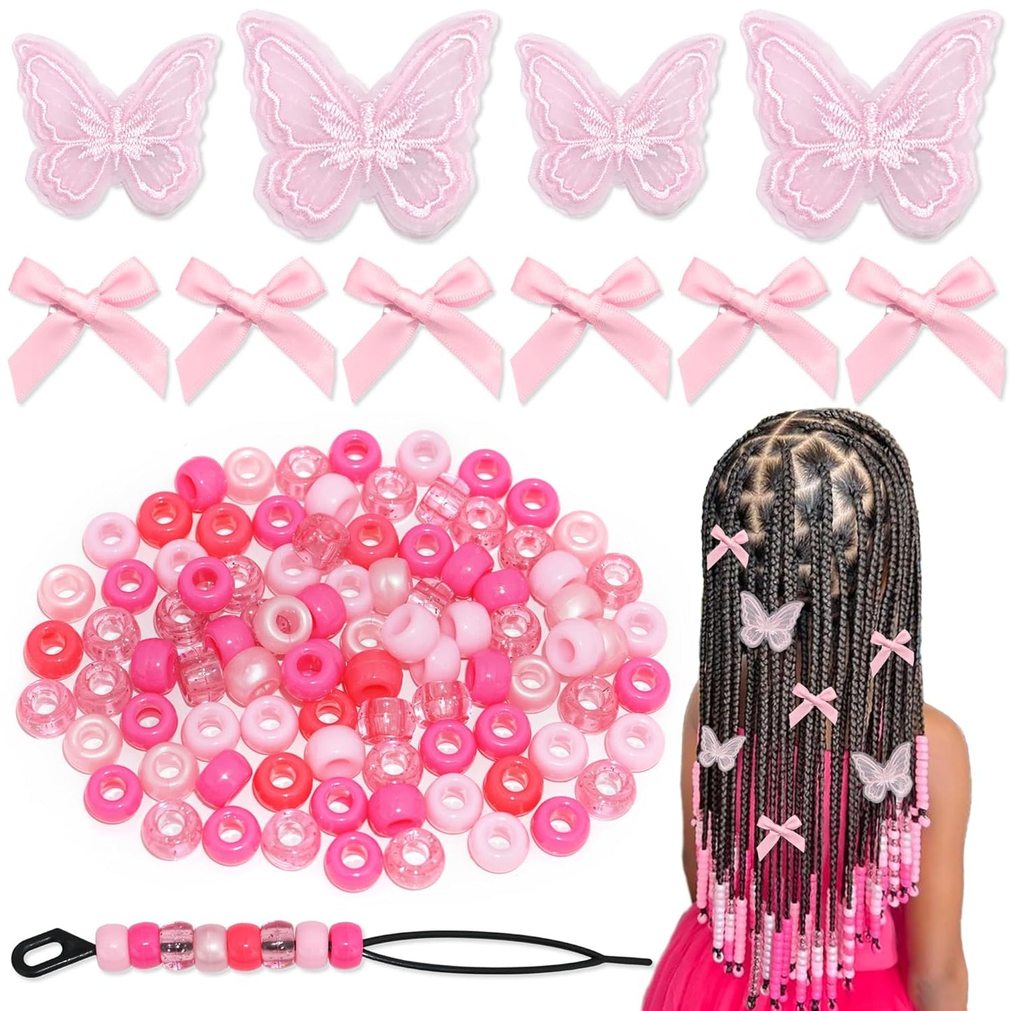 100PCS Small Pink Bows Gradient Hair Beads for Braids Embroidery Butterfly Hair Clips Loc Jewelry Acrylic Large Beads Cute Hair Accessories Dreadlock for Women and Girls