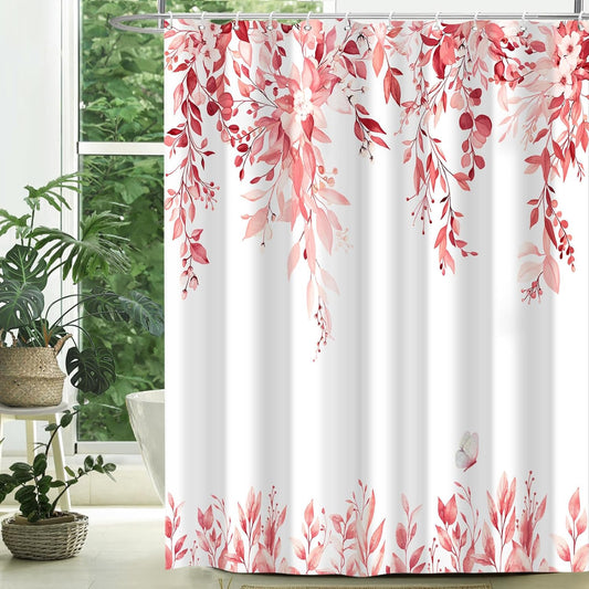 Eucalyptus Shower Curtains for Bathroom, Pink Watercolor Leaves with Floral Shower Curtain Sets with Hooks, Waterproof Fabric Botanical Bathroom Decor, 72x84 Inches