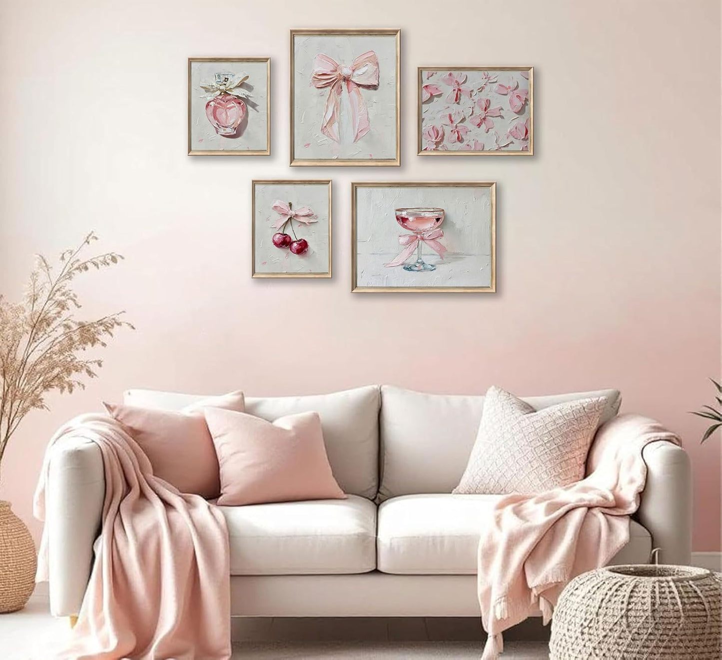 YFTTRYZ 5Pcs Pink Bows Wall Art Trendy Preppy Room Wall Decor Pink Cherry Perfume Posters Oil Painted Bows Prints for Girls Bedroom Dorm Apartment Home Unframed