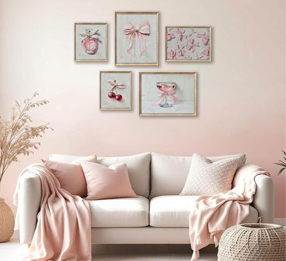 YFTTRYZ 5Pcs Pink Bows Wall Art Trendy Preppy Room Wall Decor Pink Cherry Perfume Posters Oil Painted Bows Prints for Girls Bedroom Dorm Apartment Home Unframed