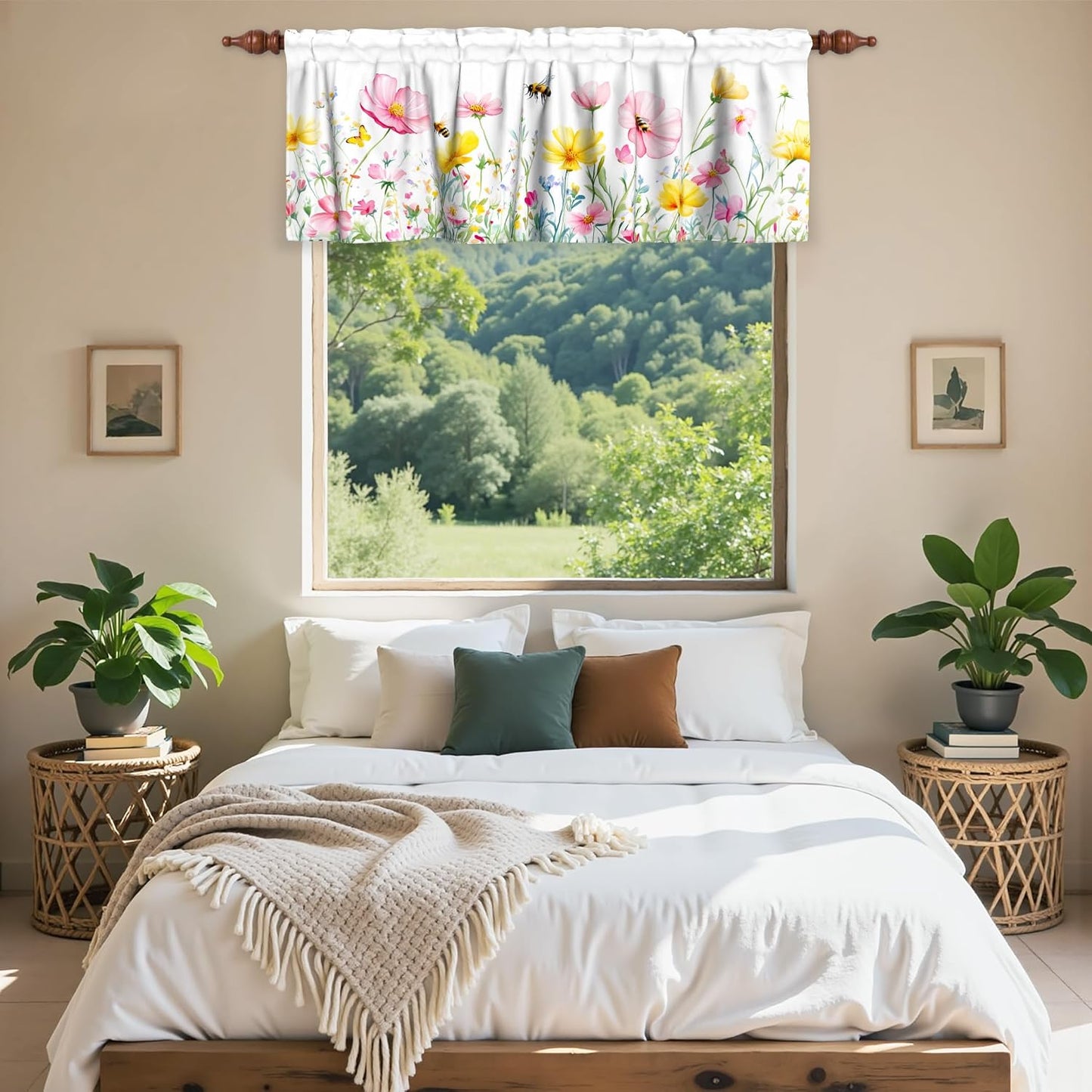 Spring Floral Window Valance for Kitchen 54"x18" Pink Yellow Wildflowers Flowers Bees Short Curtains Farmhouse Decorative Rod Pocket Window Valance for Living Room, Bedroom, Bathroom