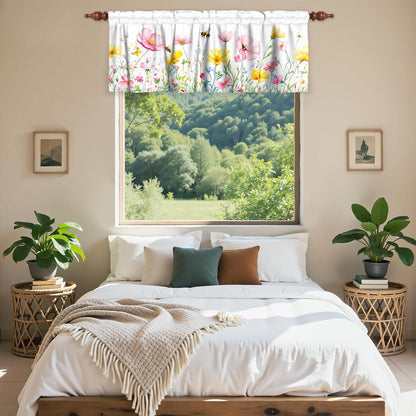 Spring Floral Window Valance for Kitchen 54"x18" Pink Yellow Wildflowers Flowers Bees Short Curtains Farmhouse Decorative Rod Pocket Window Valance for Living Room, Bedroom, Bathroom