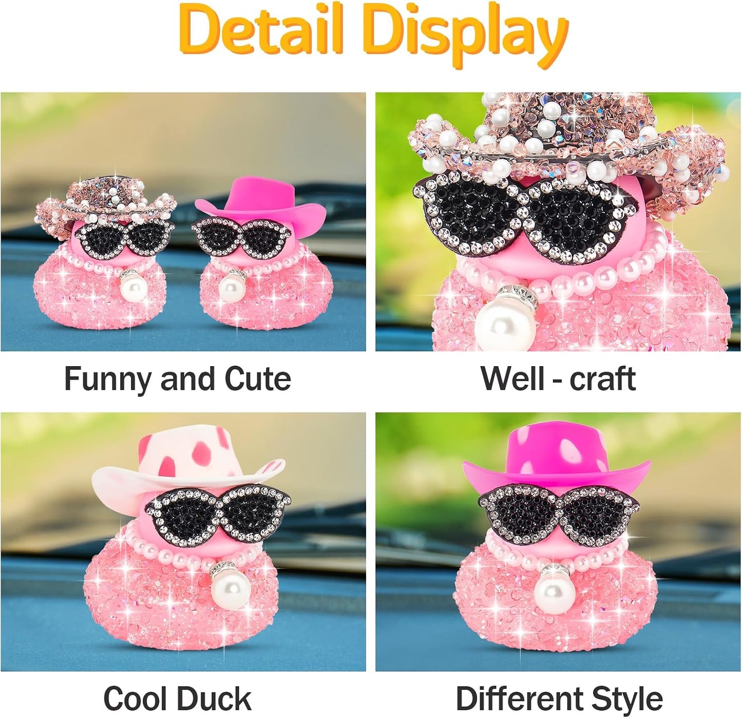 wonuu Pink Diamond Rubber Duck Car Ornaments Dashboard Decorations for Cool car Accessories with Diamond