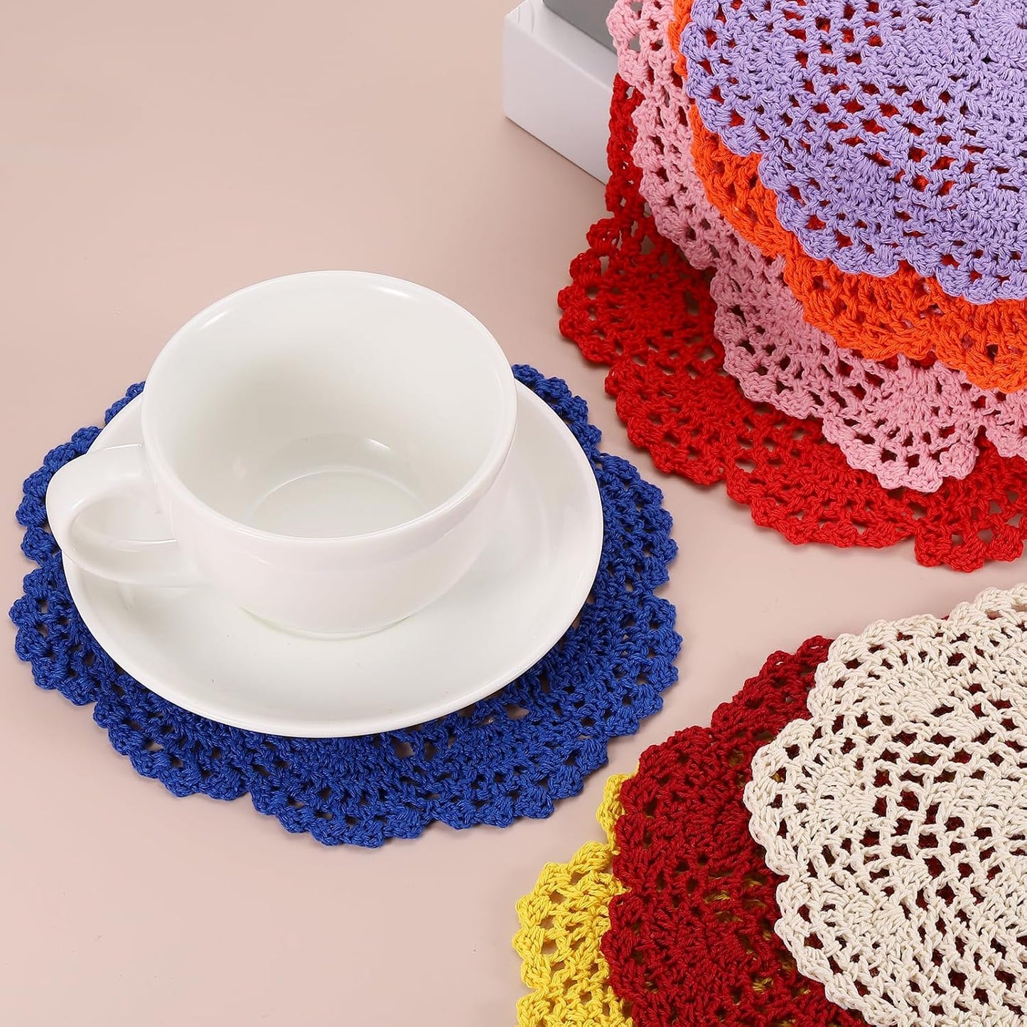 uxcell Lace Doilies, 4pcs 8" - Cotton Woven Round Crochet Coaster, Floral Design Fabric Handmade Placemat for Drink Wedding Party Decoration (Dark Pink)