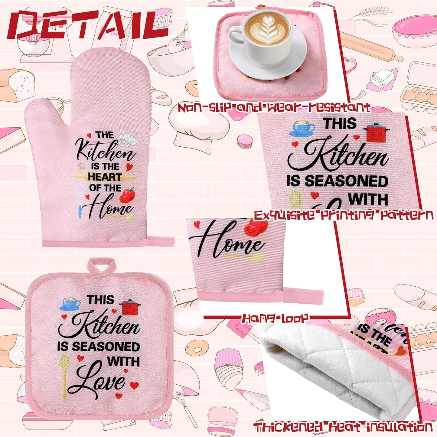 Fourluoo 10 Pcs Cuisine Pink Kitchen Decor and Accessories Set Pink Kitchen Towels Rugs Pot Holders Oven Mitts for Chef Cooking Baking Mom Housewarming Gifts