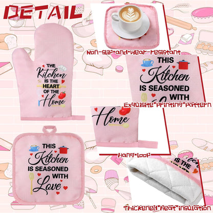 Fourluoo 10 Pcs Cuisine Pink Kitchen Decor and Accessories Set Pink Kitchen Towels Rugs Pot Holders Oven Mitts for Chef Cooking Baking Mom Housewarming Gifts