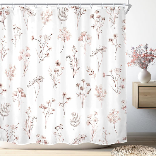 KOMLLEX Boho Pink Floral Shower Curtain for Bathroom Decor 72Wx72H Inches Watercolor Wildflower Botanical Plant Sage Rustic Flowers Cute Cottagecore Girls Fabric Waterproof Polyester 12 Pack Hooks