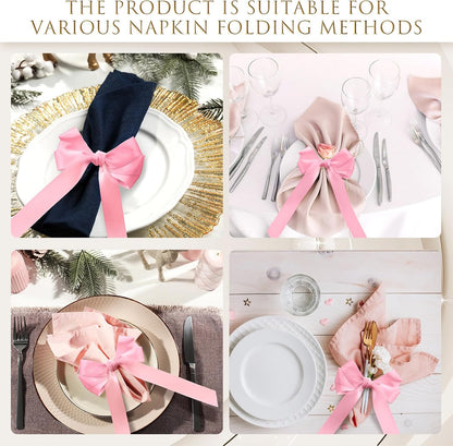 Bow Napkin Rings Set of 12 Pink Ribbon Candlestick Decor Charms Coquette Bow for Wine Glasses Ribbon Gift Rings Bulk for Candle Holder Wedding Birthday Party Bridal Shower Wrapping