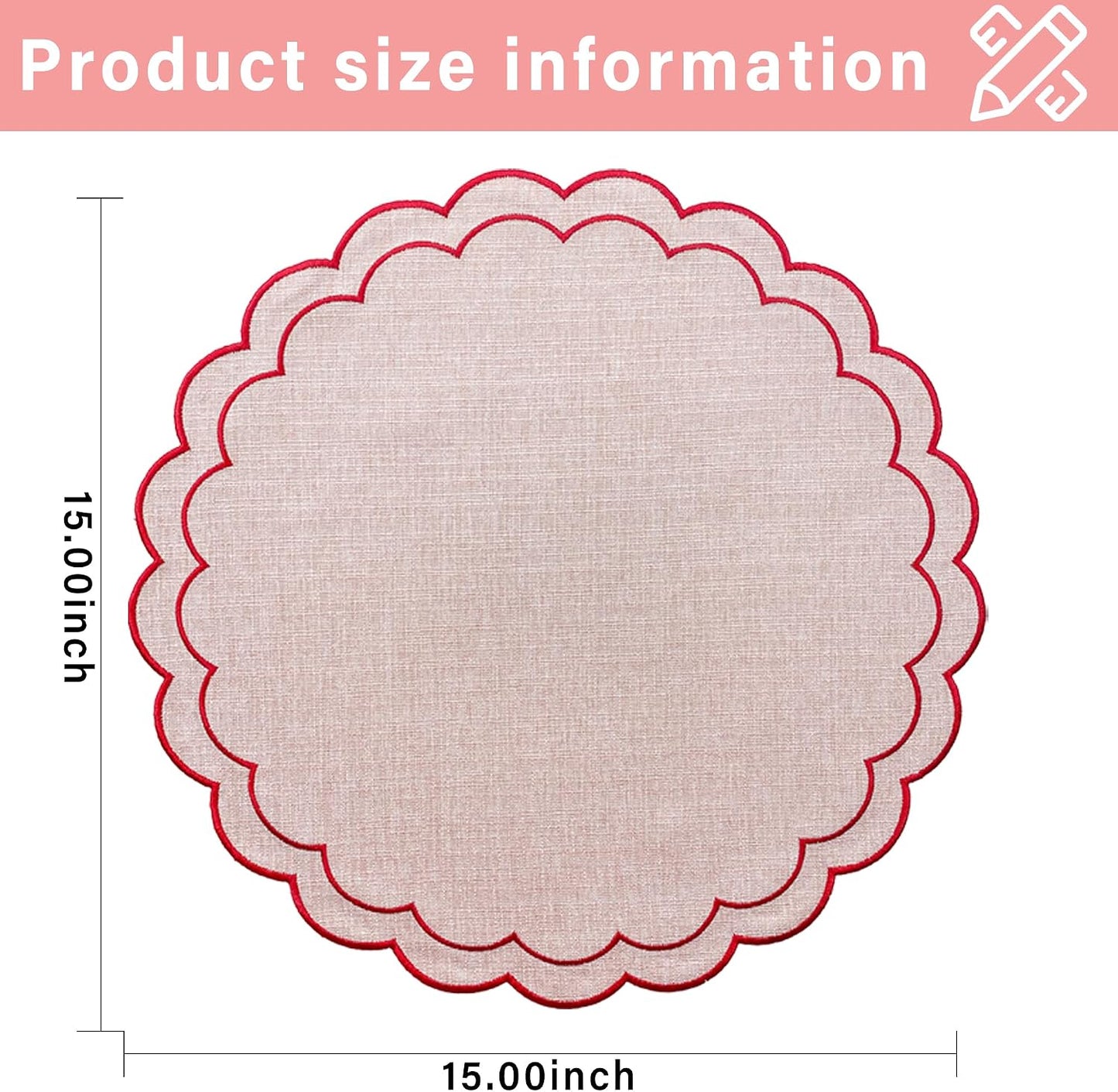 Linen Cotton Placemats Set of 4 Scalloped Flower Embroidery Place Mats 15'' Natural Linen Texture Fabric Machine Washable Table Mats for Restaurant Kitchen,Table Decor(Powder Pink)
