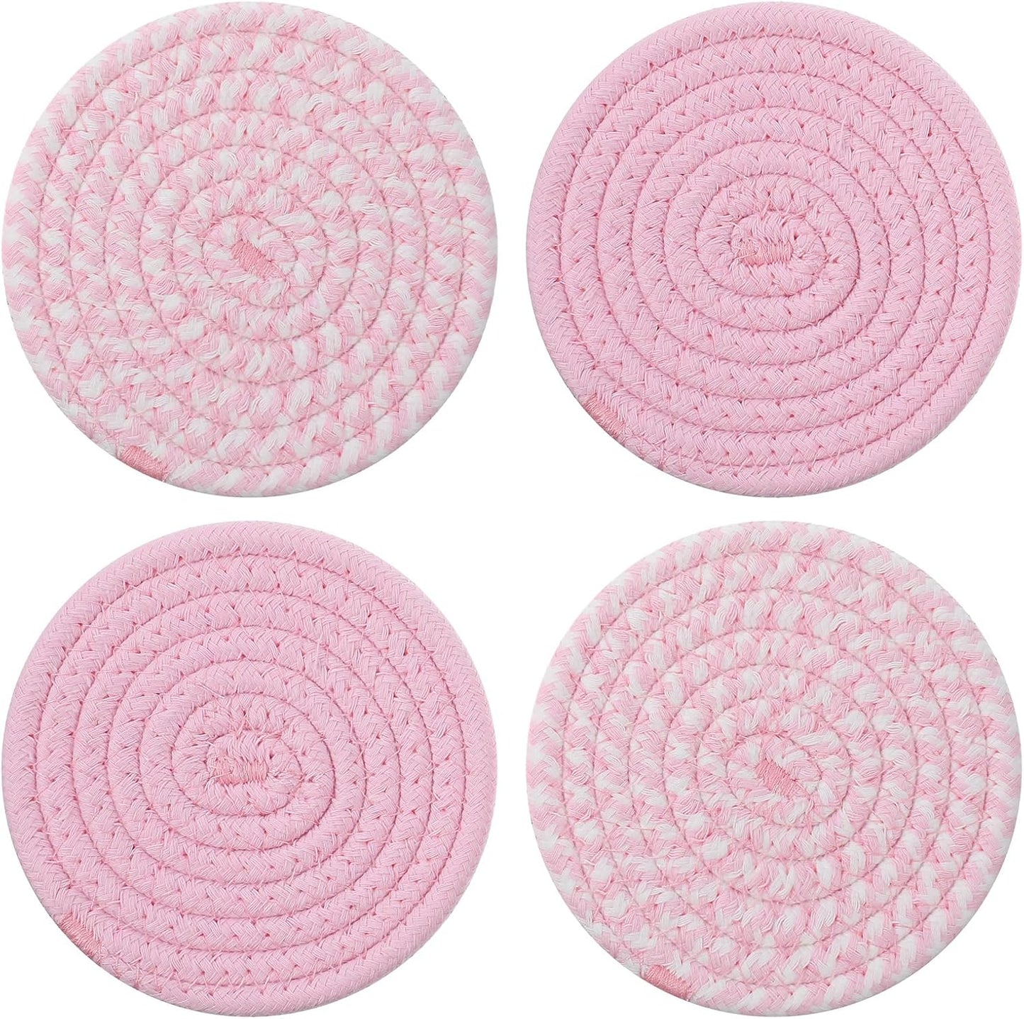 4Pcs Pink Coaster, Cotton Pink Coasters for Desk, 4.3 in Coasters Cute, Absorbent Handmade Woven Coaster for Drinks Apartment Essentials, for Mom from Daughter
