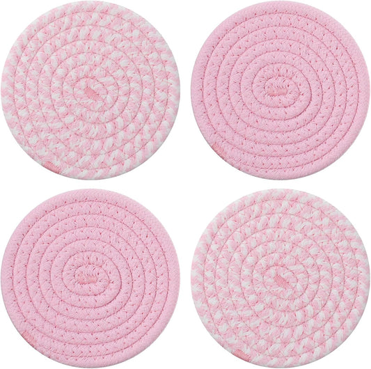 4Pcs Pink Coaster, Cotton Pink Coasters for Desk, 4.3 in Coasters Cute, Absorbent Handmade Woven Coaster for Drinks Apartment Essentials, for Mom from Daughter