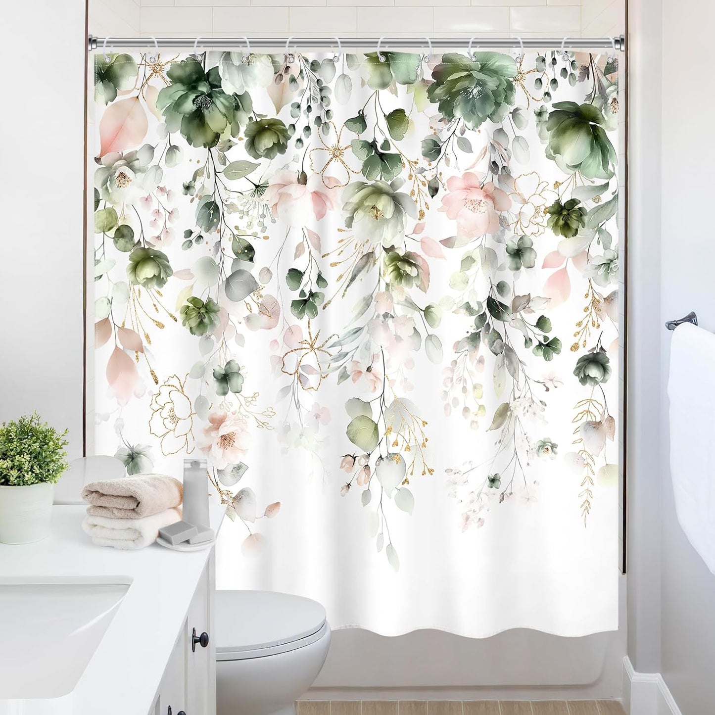 Green Pink Floral Flower Shower Curtain 72Wx72L Inch Spring Summer Rustic Eucalyptus Leaves Pastel Wildflower Plant Botanical Pretty Bathroom Set Bath Curtain Bathtub Accessories Home Decor