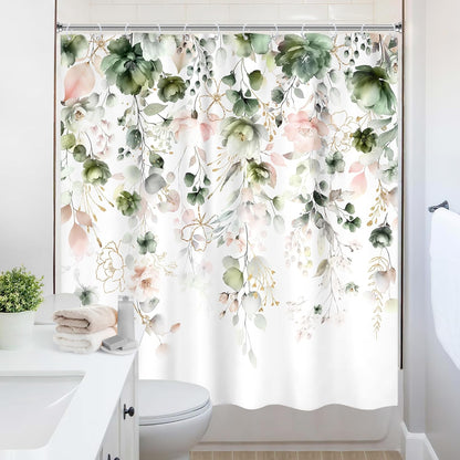 Green Pink Floral Flower Shower Curtain 72Wx72L Inch Spring Summer Rustic Eucalyptus Leaves Pastel Wildflower Plant Botanical Pretty Bathroom Set Bath Curtain Bathtub Accessories Home Decor