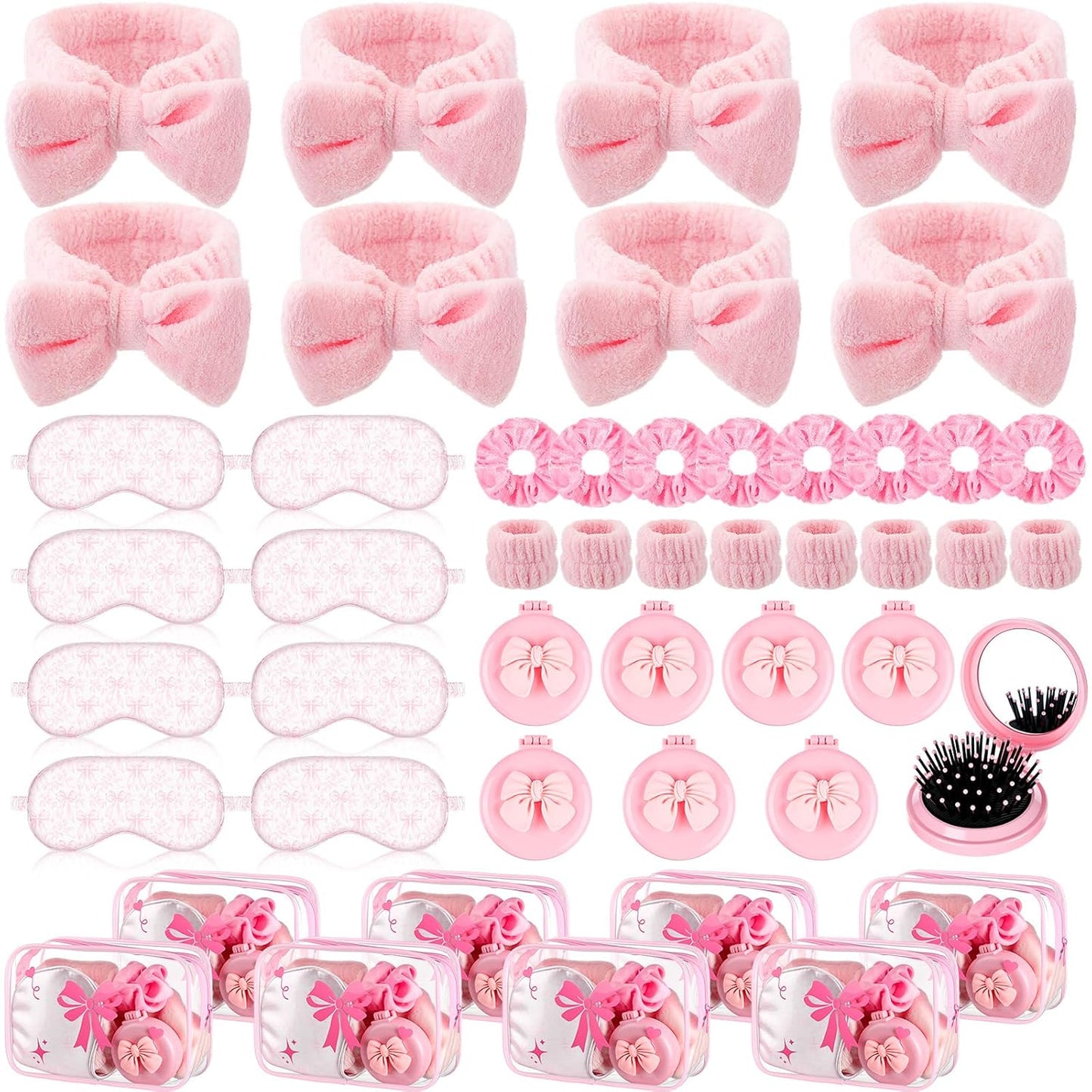Honeydak 48 Pcs/ 8 Set Pink Bow Coquette Party Favors for Sleepover Spa Party Supplies Trip Weekend Girls Gifts, Folding Hairbrush with Mirror Eye Mask Headband Wristband Scrunchie Makeup Bag