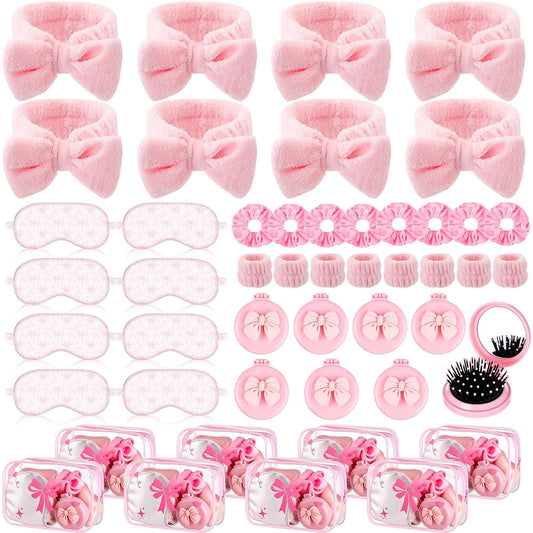 Honeydak 48 Pcs/ 8 Set Pink Bow Coquette Party Favors for Sleepover Spa Party Supplies Trip Weekend Girls Gifts, Folding Hairbrush with Mirror Eye Mask Headband Wristband Scrunchie Makeup Bag