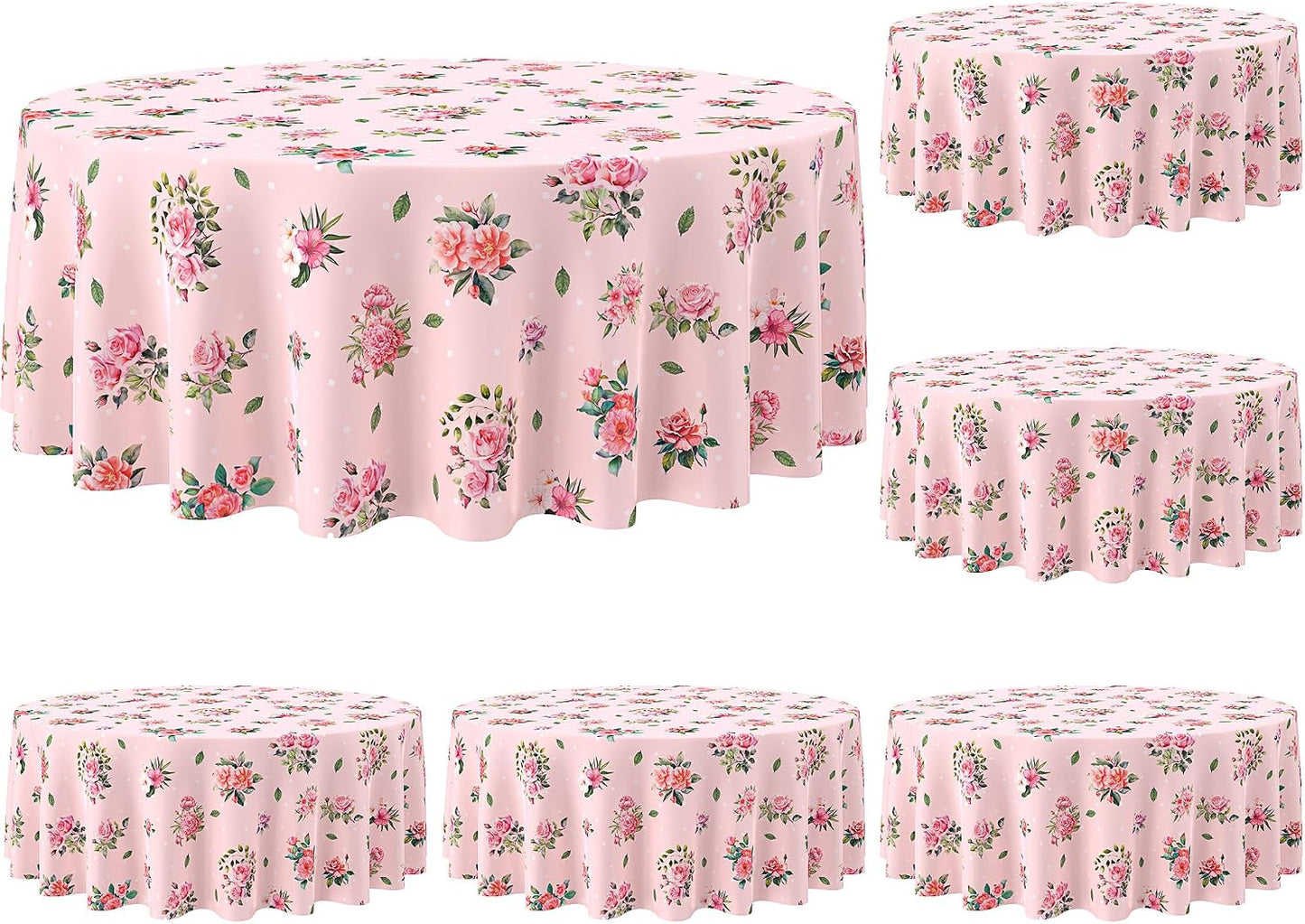 Kinlop 6 Pcs Plastic Round Tea Party Tablecloths 70" Floral Table Cloth Decorative Disposable Outdoor Flower Table Cover Disposable Summer Tabletop for Partys Picnic (Tea Party,Pink)