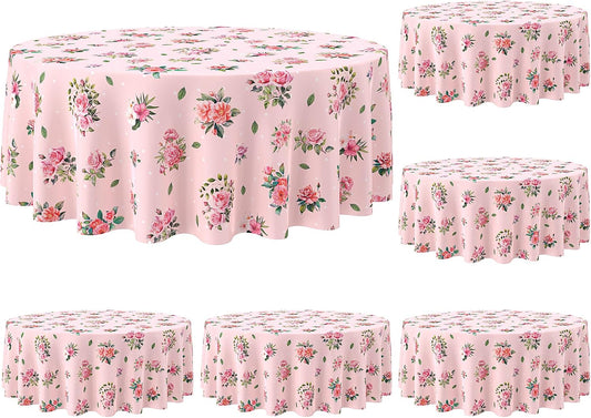 Kinlop 6 Pcs Plastic Round Tea Party Tablecloths 70" Floral Table Cloth Decorative Disposable Outdoor Flower Table Cover Disposable Summer Tabletop for Partys Picnic (Tea Party,Pink)
