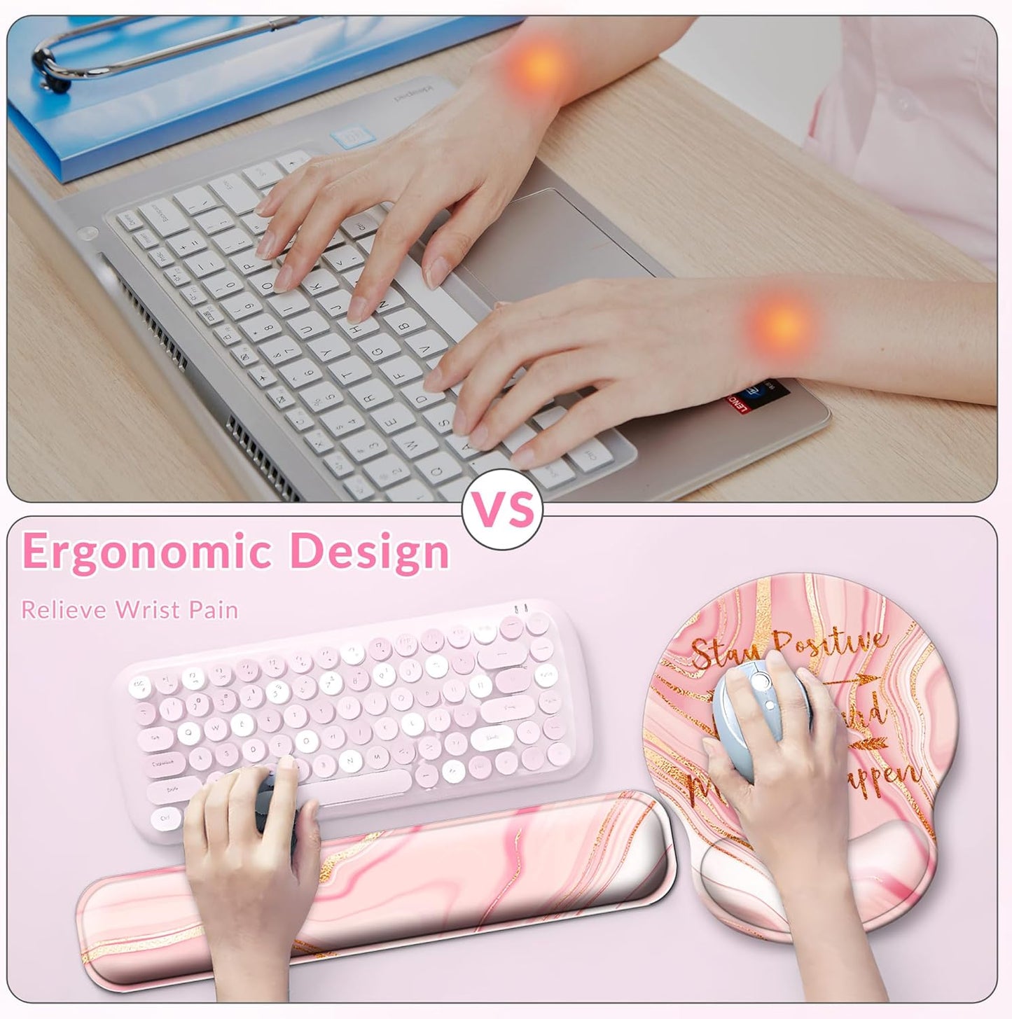 Large Mouse Pad and Keyboard Wrist Rest + Desk Mat Set,Full Long Mouse Pads for Desk Accessories with Memory Foam Gel Pink Mousepad for Women Computer Desktop Office Work-Rose Gold & Pink