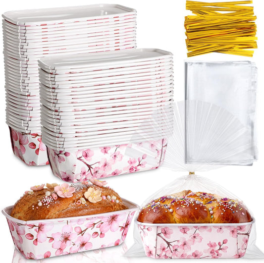 Hushee 50 Sets Pink Blossom Paper Loaf Pans with Bags, 6.3x2.2x2.2" Disposable Mini Bread Baking Molds, Floral Cake Liners for Baby Shower Wedding Birthday Spring Gifts