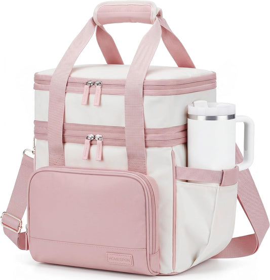 HOMESPON Double Layer Lunch Bag for Women Men, 14L Large Insulated Lunch Box with Shoulder Strap, Expandable Cooler Tote with Cup Holder for Work Office Picnic, Pink