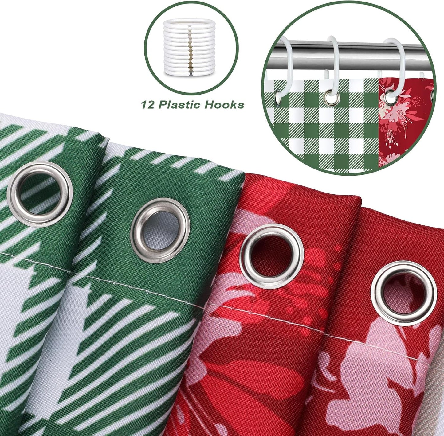 Cute Checkered Floral Shower Curtain, Boho Pink Green Patchwork Flower Plaid Retro Shower Curtain for Bathroom Waterproof Polyester Fabric with 12 Hooks, 72 x 72 Inches