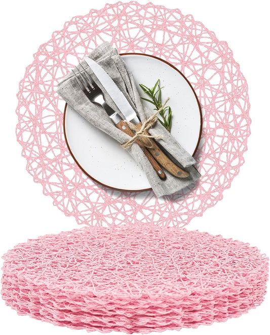 AHHFSMEI Paper Braided Round Placemats Set of 8 Natural Non-Slip Heat Resistant Table Mats for Dining Tables Woven Indoor Outdoor Place mats(Pink,8)