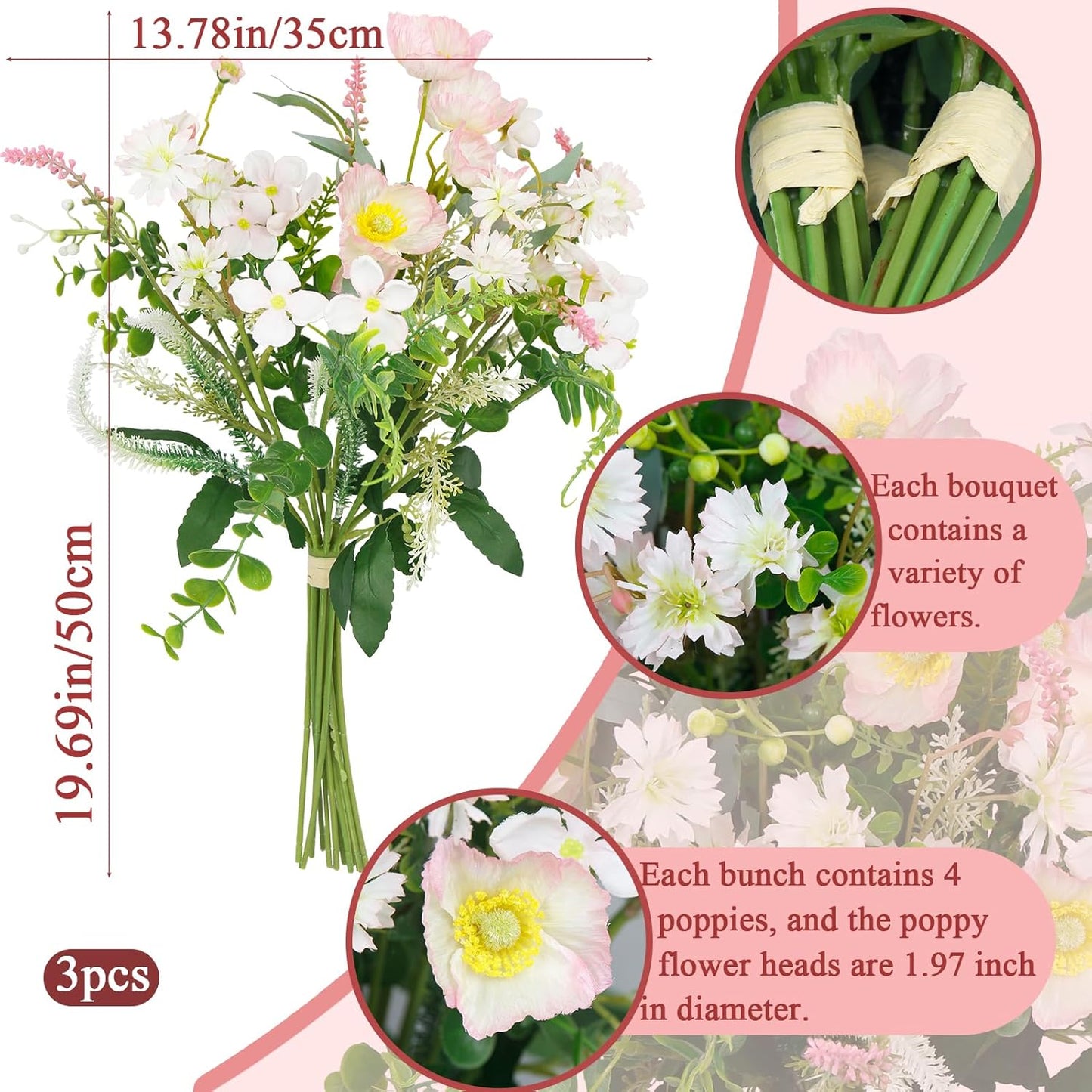CISDUEO Artificial Wildflowers Flowers Silk Spring Floral Stems Arrangements Pink Poppies Flowers Daisies Faux Wild Flower Bundles Bouquet for Party Indoor Home Vase Wedding Table Summer Decoration