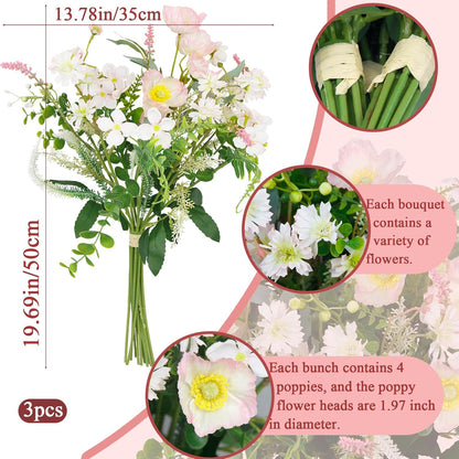 CISDUEO Artificial Wildflowers Flowers Silk Spring Floral Stems Arrangements Pink Poppies Flowers Daisies Faux Wild Flower Bundles Bouquet for Party Indoor Home Vase Wedding Table Summer Decoration