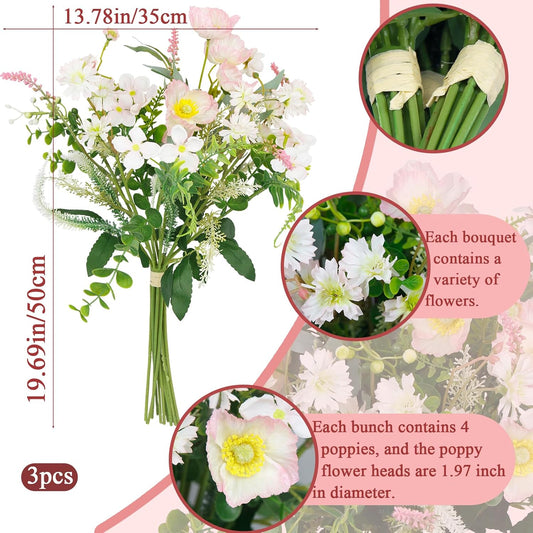 CISDUEO Artificial Wildflowers Flowers Silk Spring Floral Stems Arrangements Pink Poppies Flowers Daisies Faux Wild Flower Bundles Bouquet for Party Indoor Home Vase Wedding Table Summer Decoration