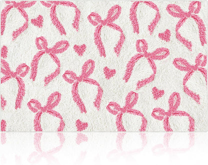 Tinideya Pink Bow Bathroom Rug 20 x 32 Inch Non Slip Washable Bath Mat Coquette Aesthetic Cute Carpet for Vanity Sink Shower Bedroom Preppy Room Decor