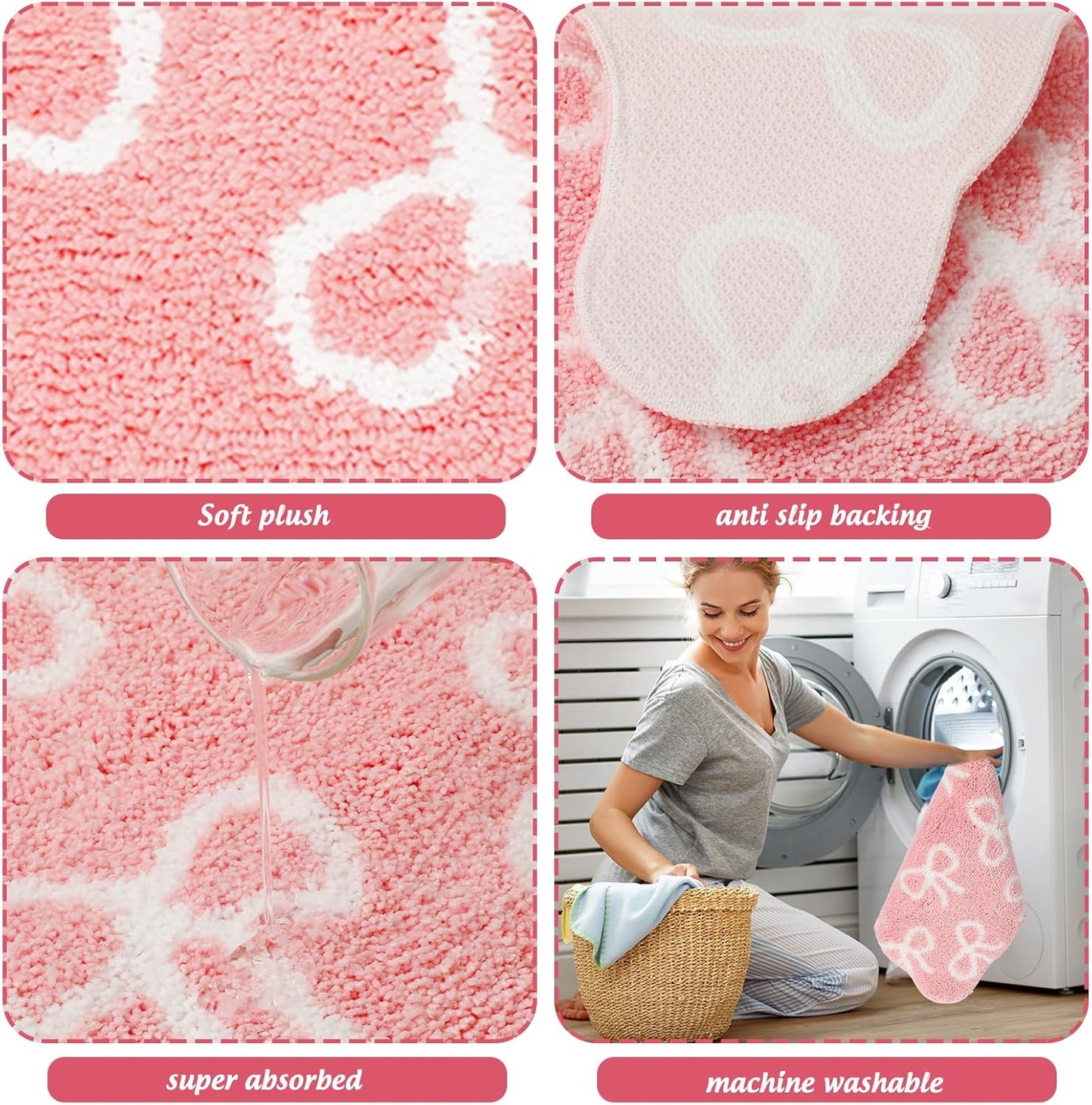FYSUIMU Pink Bow Bathroom Rug U-Shaped Toilet Rug Soft Plush Bath Mat Non Slip Washable Floor Mat for Home Hotel Bathroom Restroom Decor