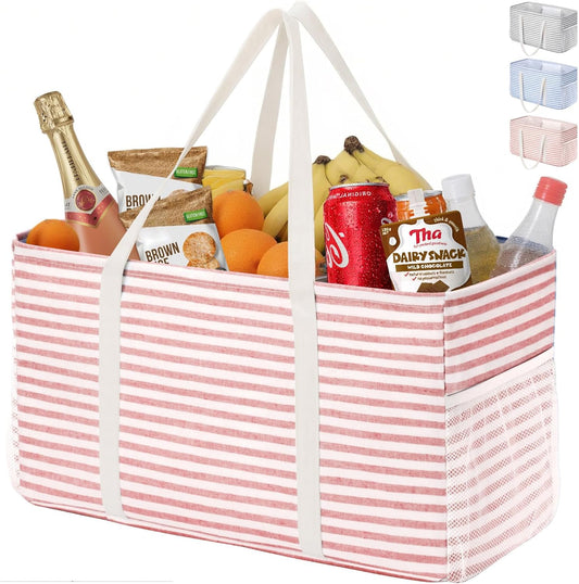 Lifewit Extra Large Tote Bag, Reusable Grocery Bags with Metal Wire Frame and Handles, Standing Utility Foldable Shopping Bags for Storage, Picnics, Beach, Laundry, Car, 46L, 1 Pack, Pink