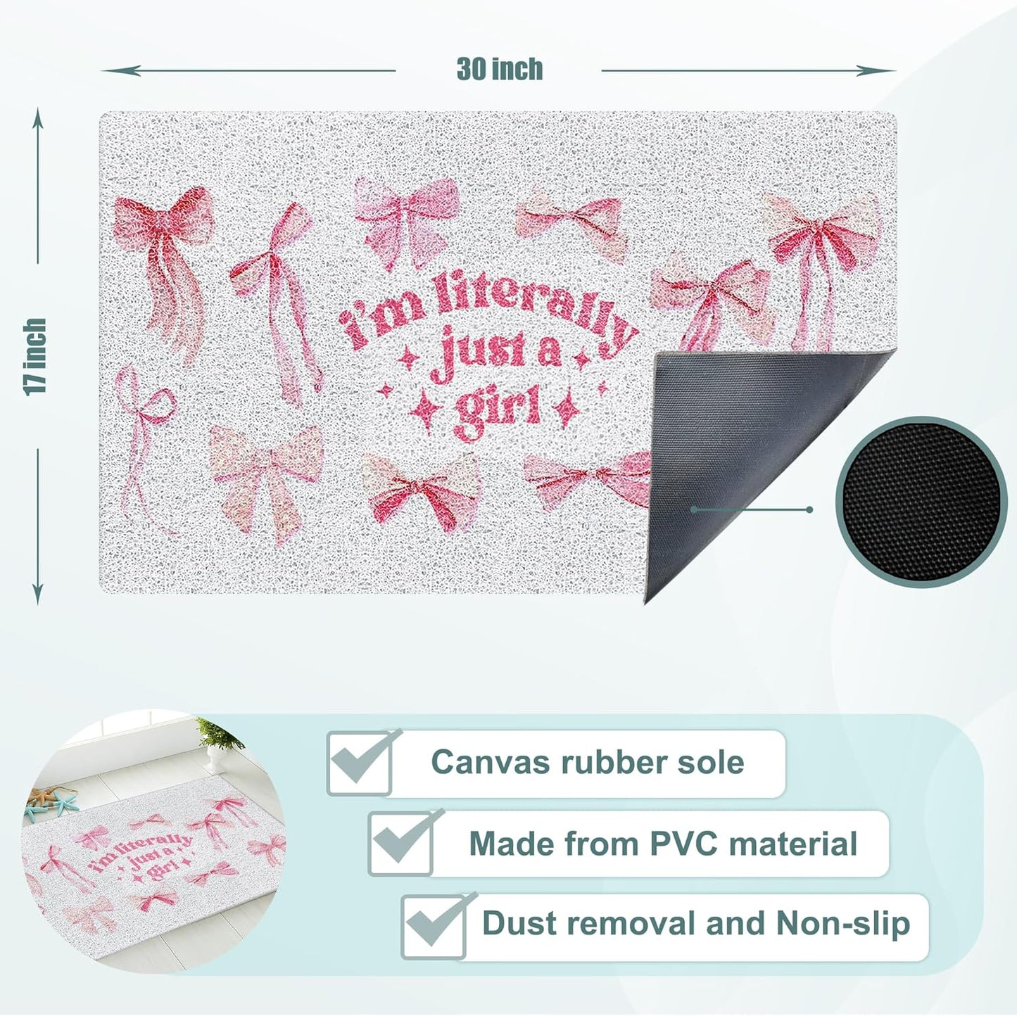 SNNDER Pink Coquette Bow Door Mat, I'm Literally Just a Girl Coquette Preppy Pink Doormat for Front Door Porch Indoor Outdoor Outside Entrance, Bow Bath Mats for Bathroom, 17x30 Inch