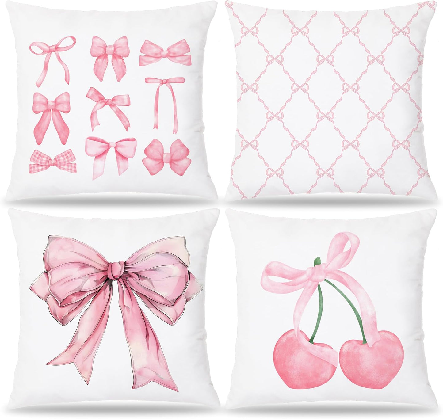 Pink Coquette Bow Pillow Covers 18x18 Set of 4, Room Decor With Cherry Heart Aesthetic, Girly Bedroom Stuff