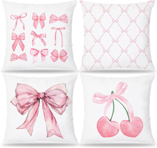 Pink Coquette Bow Pillow Covers 18x18 Set of 4, Room Decor With Cherry Heart Aesthetic, Girly Bedroom Stuff