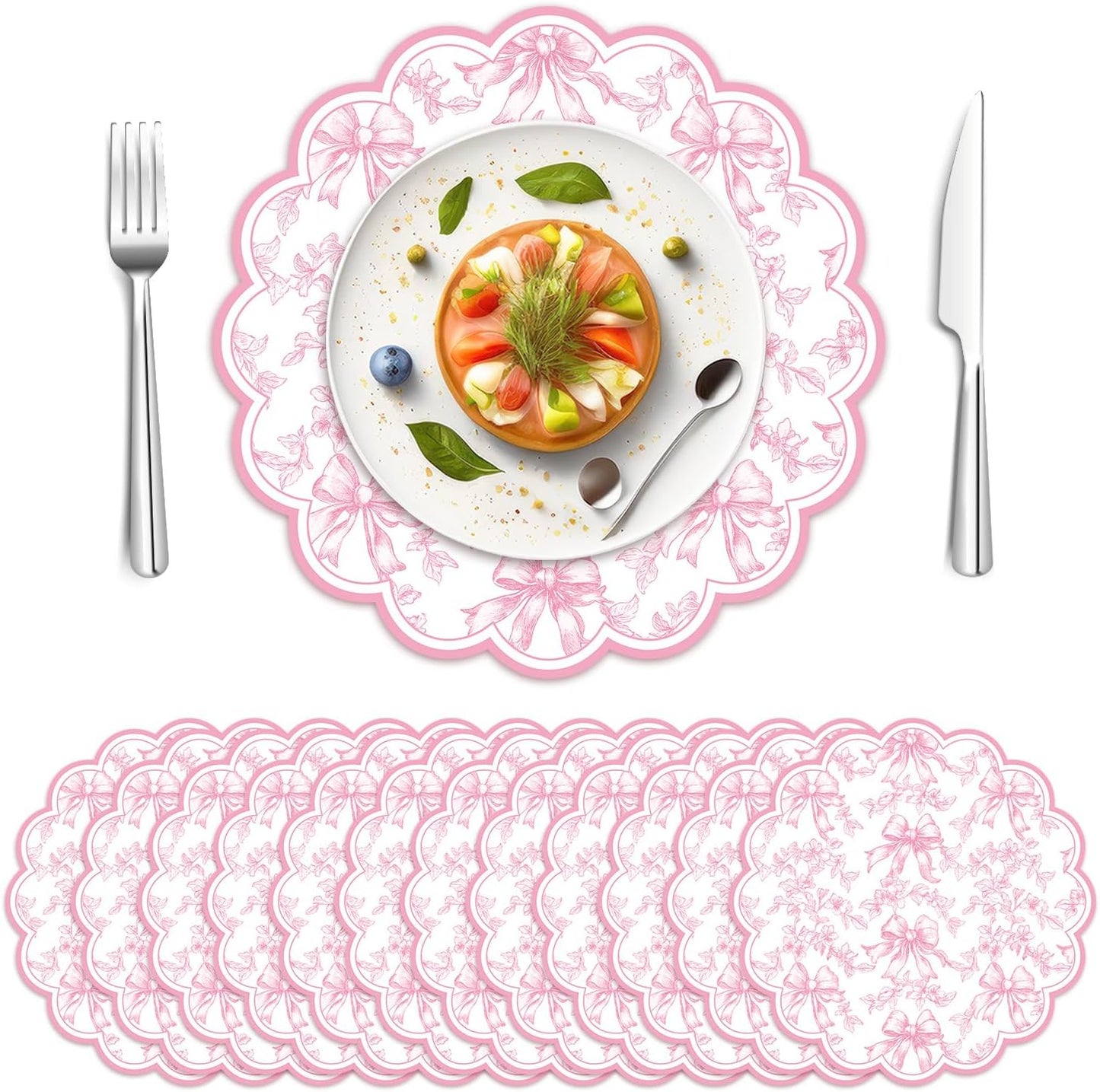 FYSUIMU 60Pcs Pink Floral Bow Scalloped Paper Placemats 13.5 Inch Vintage Flower Bow Disposable Place Mats Chinoiserie Table Mats for Coquette Party Dinner Table Setting