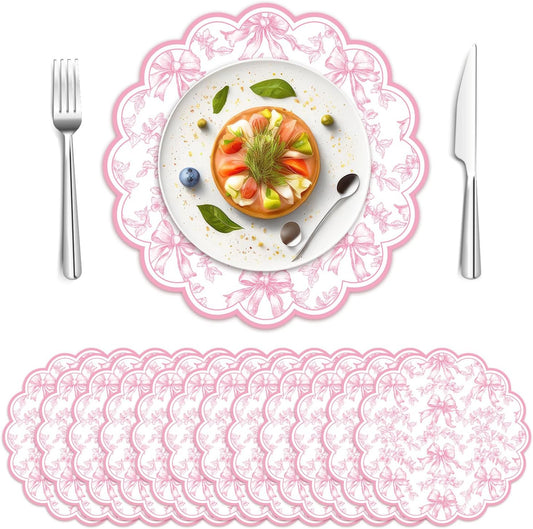 FYSUIMU 60Pcs Pink Floral Bow Scalloped Paper Placemats 13.5 Inch Vintage Flower Bow Disposable Place Mats Chinoiserie Table Mats for Coquette Party Dinner Table Setting