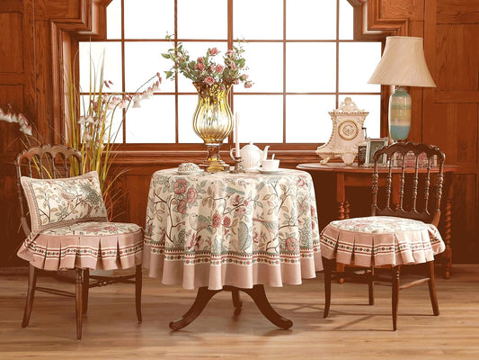patdrea Vintage French Linen Tablecloth,Round,Diameter 67"-Kulom A | Elegant Table Cloth for Round Table,Leaves and Bird Patterned,Dining Room Tea Party Thanksgiving Decor,Pink