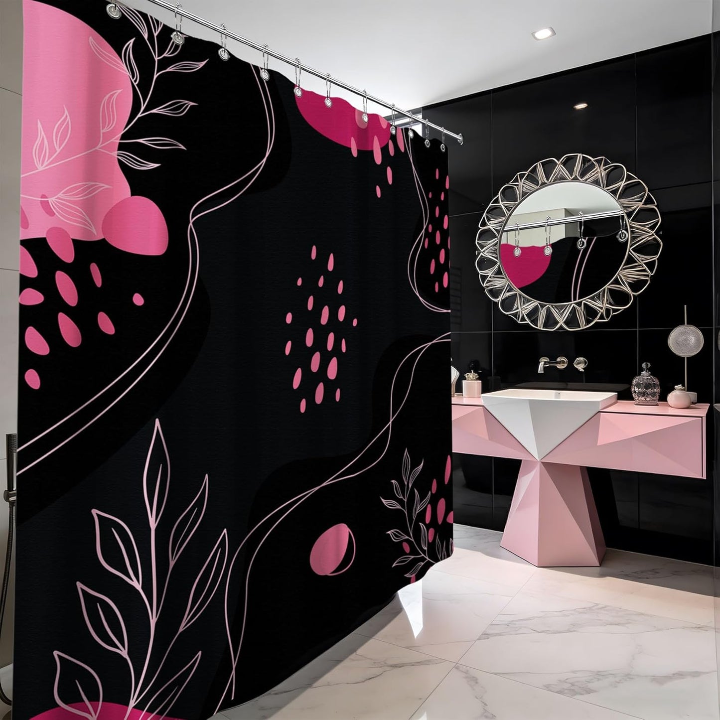 Pink and Black Shower Curtain Dark Pink and Grey Mid Century Modern Striped Shower Curtains for Boho Bathroom Decor Sets, Waterproof Cloth Fabric with Hooks, 70x72 Inch