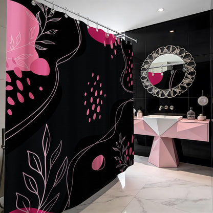 Pink and Black Shower Curtain Dark Pink and Grey Mid Century Modern Striped Shower Curtains for Boho Bathroom Decor Sets, Waterproof Cloth Fabric with Hooks, 70x72 Inch