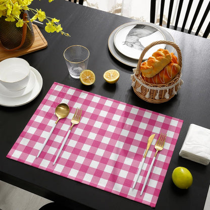 Peach Pink Checked Placemats Set of 4, Farmhouse Buffalo Plaid Country Grid Placemats for Dining Table, Place Mats for Kitchen Tabletop, Waterproof Wipeable Dining Table Mats Set